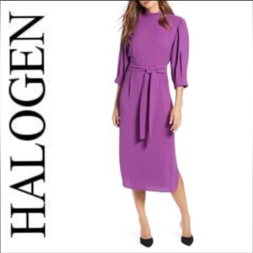 Halogen Purple Mock Neck Midi Dress XS Pleated Sleeve Side Slit Nordstrom